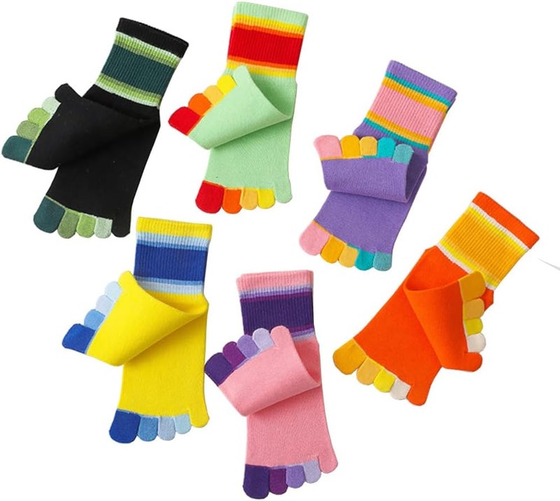 Antcher Girls Seamless Socks Rainbow Stripes Five Finger Cotton Toe Socks Kids School Crew Socks 6 Pack - Image 1